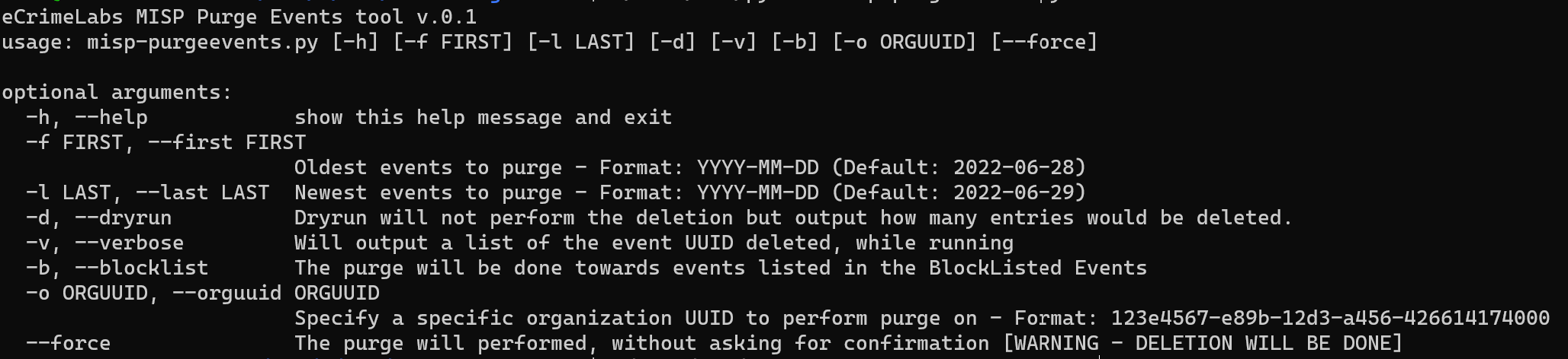 MISP Purge Events tool command help output