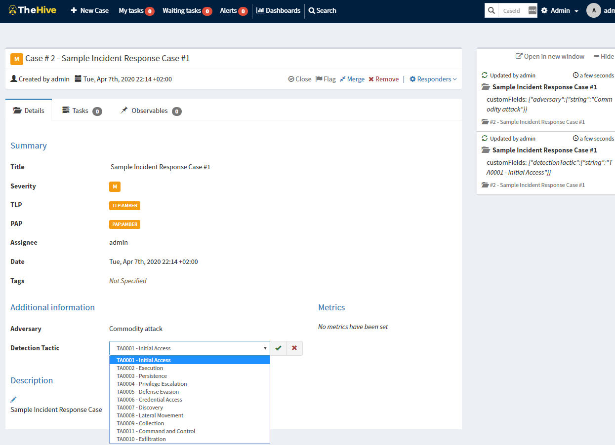 Screenshot of TheHive incident platform showing how metrics can be recorded per case
